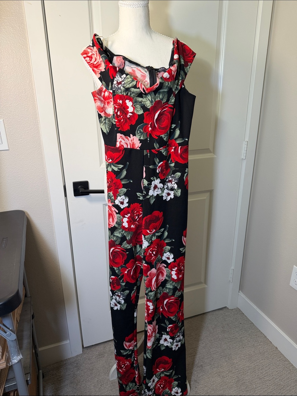 Black Floral Jumpsuit with Red Rose Print